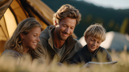 Family camping together on a sunny summer day in nature