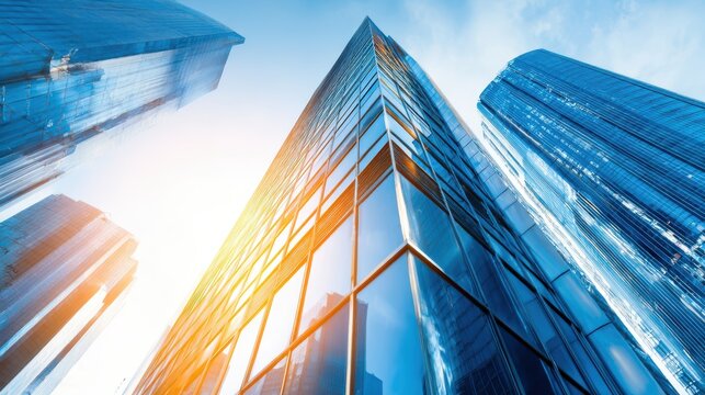 Modern skyscrapers with reflective glass facades rise toward a bright blue sky, capturing sunlight and urban energy