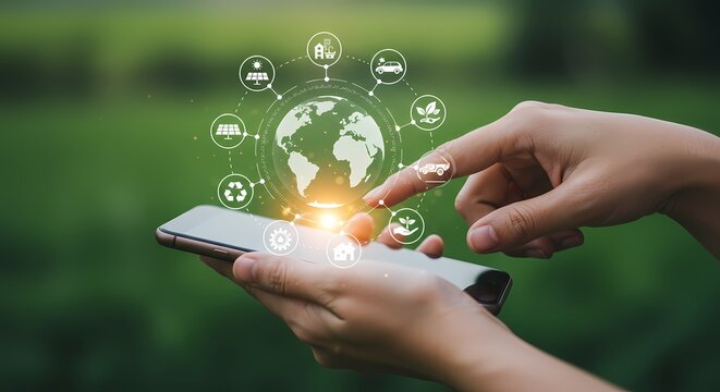 Person using smartphone with environmental icons floating above a blurred green background - Powered by Adobe