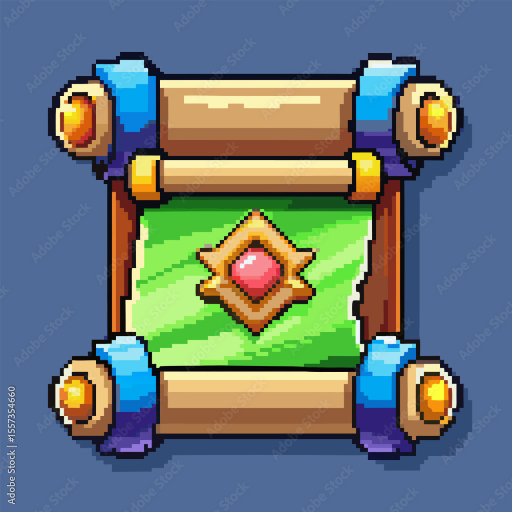 Poster retro pixel art scroll with gem and decorative elements