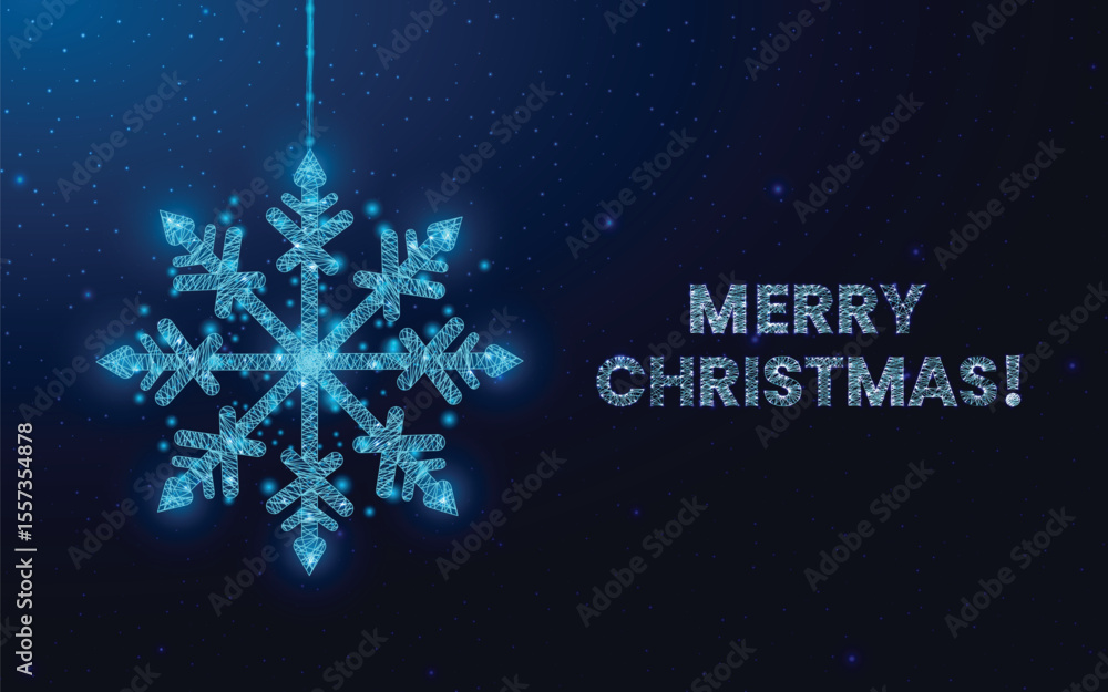 Poster hanging wireframe snowflake in low poly style. christmas and new year concept. abstract modern vecto
