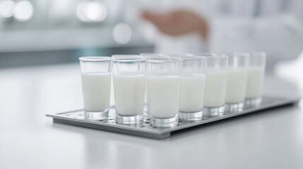 Milk Factory, Sample tray showcasing various milk batches on a laboratory countertop, ideal for research or quality control purposes.
