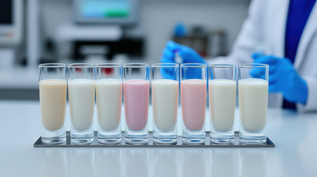 Milk Factory, A tray displaying various milk batches in a laboratory setting for quality analysis and research purposes.