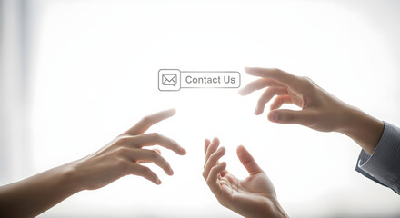 Three hands reaching for a contact us button on a bright white background space on transparent background