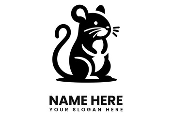 A stylized black and white illustration of a mouse with a curled tail.