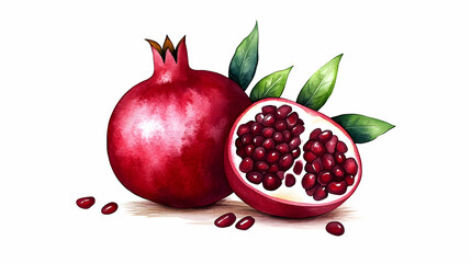 A watercolour illustration of a halved pomegranate with seeds on a rustic wood table set against a white backdrop
