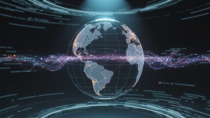 Digital globe with data streams, highlighting technological interconnectedness and innovation.
