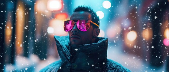 Stylish man in pink sunglasses in a snowy city