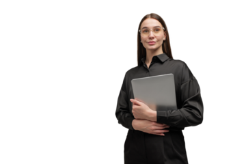 Professional woman holding a laptop, exuding confidence in a minimalistic environment, perfect for modern business settings