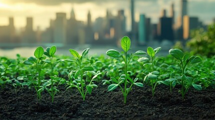 Young plants sprout from fertile soil against a city skyline.