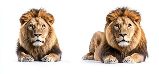 Two lions lying down against a white background