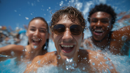 Young people enjoying summer fun jumping into a swimming pool