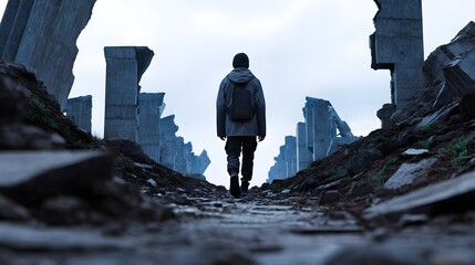 A lone figure traverses a dystopian cityscape pathway