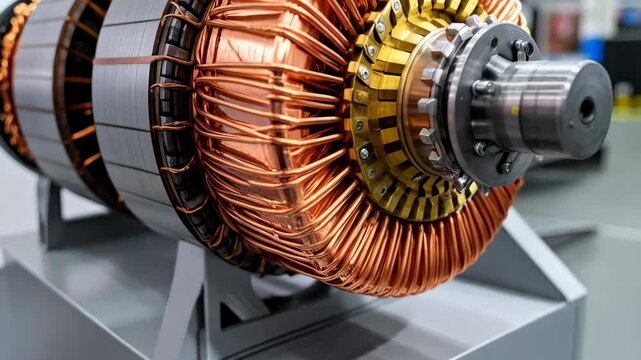 Close-up of electrical motor rotor with copper windings and metal core, industrial and power generation machinery component, detailed engineering design on display.