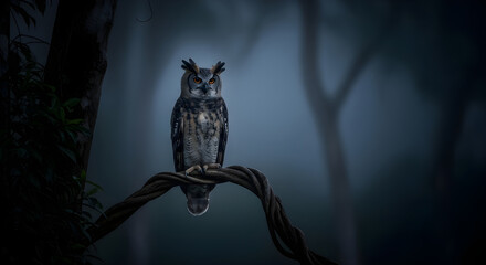 A mysterious owl perched silently on a branch under the moonlight in the deep jungle.