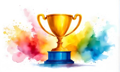 A Stunning Golden Trophy Illustration Surrounded by a Vibrant Splash | watercolor hand drawn style