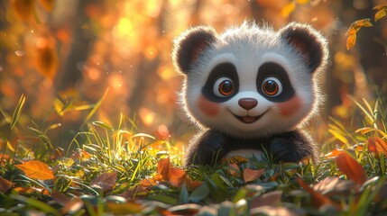 Fototapeta premium Cute cartoon panda cub in autumnal foliage.
