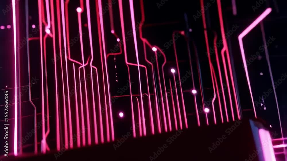 Poster futuristic circuit board with a central processor and glowing pink neon light trails forming an adva