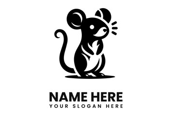 A stylized black and white illustration of a cute, upright mouse with open mouth.