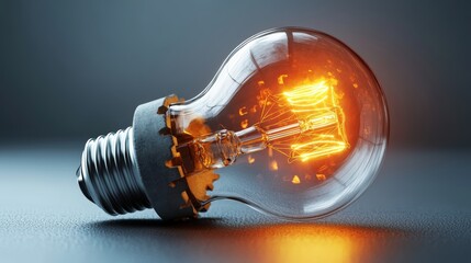 A close-up of a glowing incandescent light bulb resting on a reflective surface with a dark background.