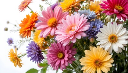 A white background showcases a vase brimming with an array of colorful flowers.