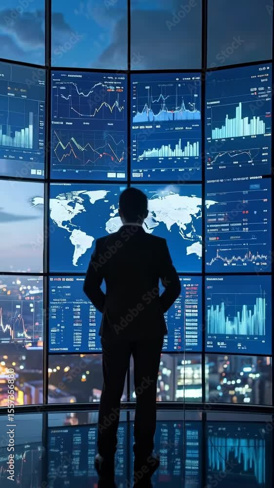 Aufkleber business person looking at stock market data on large screen array in office with cityscape view dur
