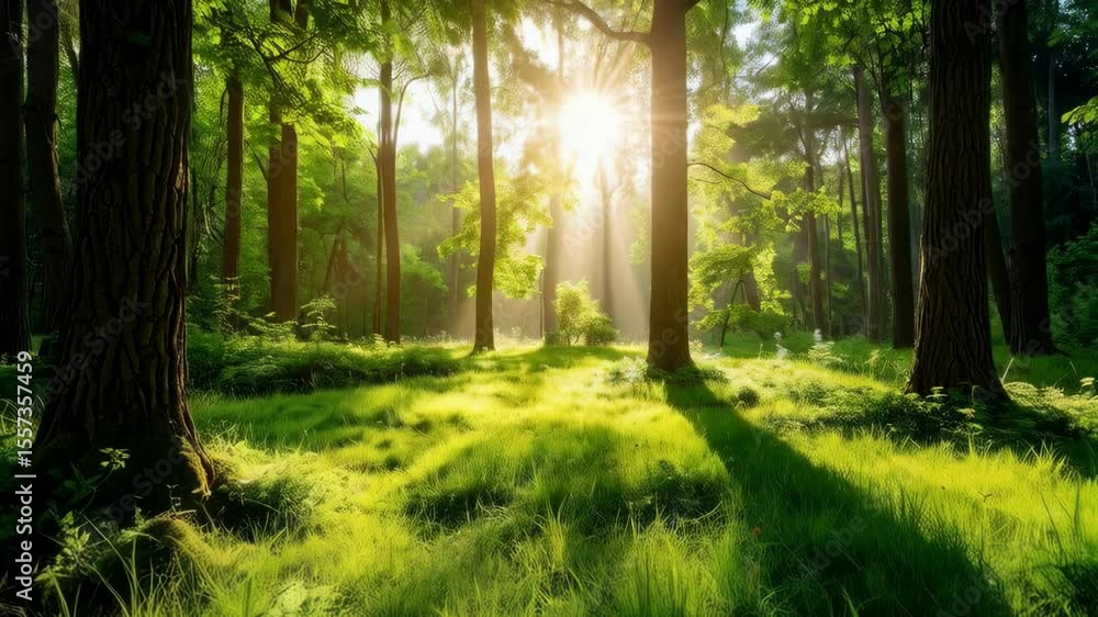 Poster sunlight filters through trees in a lush green forest, illuminating the grass and casting long shado