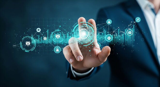 Hand interacting with digital interface, showing data analysis and network connection, representing modern business technology and data visualization