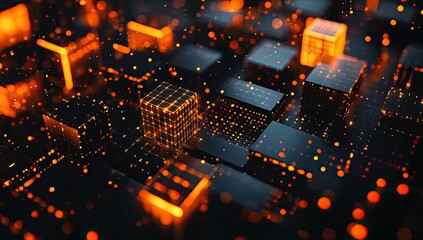Abstract digital network of glowing cubes