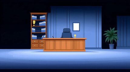The interior of the principal office with desk chairs bookcase trophies in contemporary cartoon art