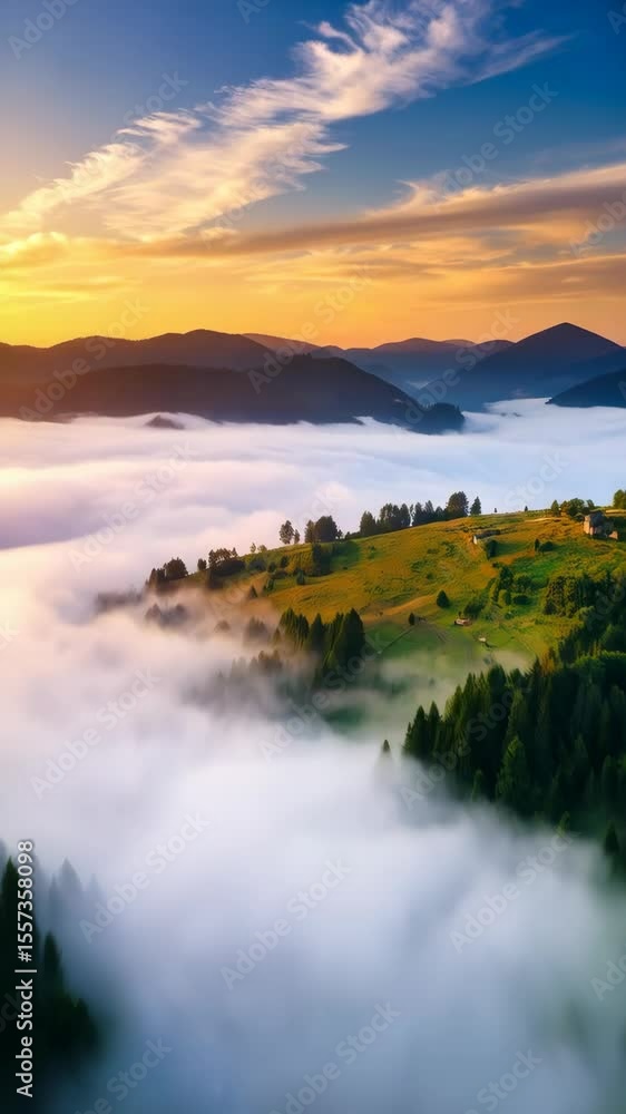 Poster panoramic view of a mountain range at dawn with fog rolling through valleys beneath a colorful sky w