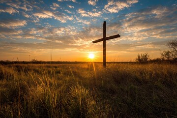 A wooden cross stands in a grassy field at sunrise, with vibrant clouds and sunlight creating a peaceful, spiritual atmosphere
