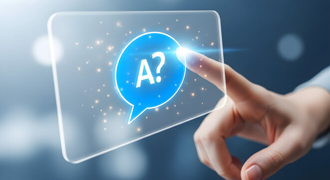 Finger touching a transparent screen with a blue question speech bubble icon on it on transparent background