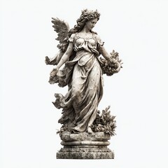 Elegant statue of a woman with wings holding flowers.