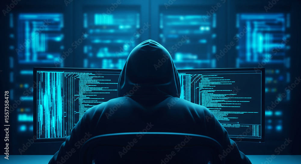 Poster hooded figure sits before dual monitors displaying lines of code, against a backdrop of server racks