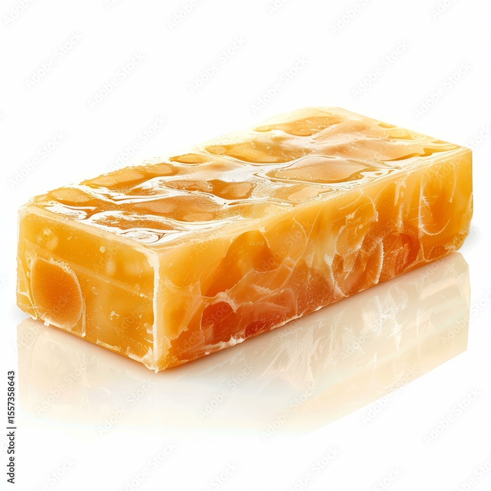 Poster natural honey soap bar resting on a white reflective surface, creating a clean and elegant presentat