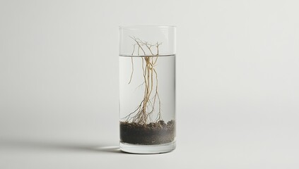 Clear glass cylinder filled with water and soil; plant roots extend from soil into water