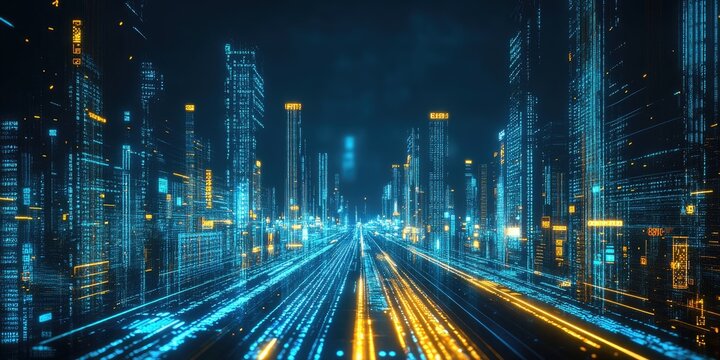 Futuristic city skyline with digital light trails