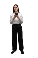 Captivating student stands confidently, engaging with smartphone in stylish outfit at a creative...