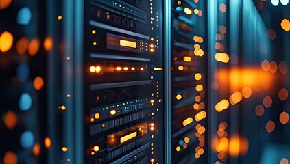 Close-up server racks, glowing lights