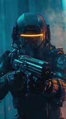 Futuristic soldier in advanced suit holding weapon