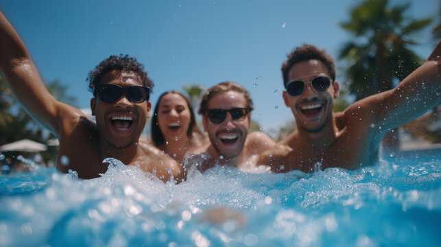 Friends jumping into a swimming pool on a summer day