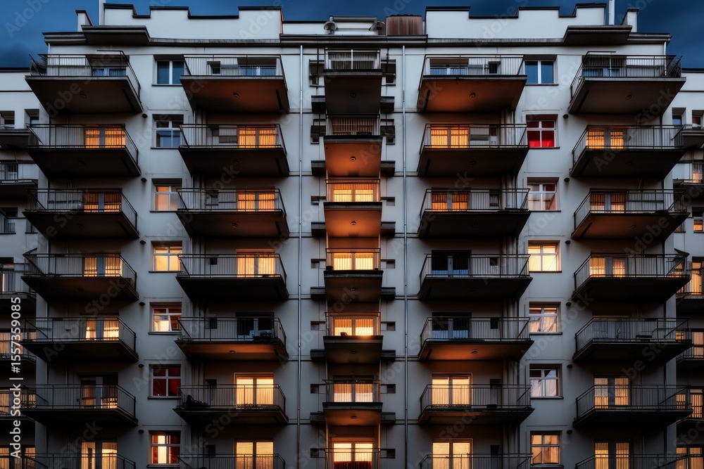 Poster symmetrical view of a multi story building with illuminated windows and balconies