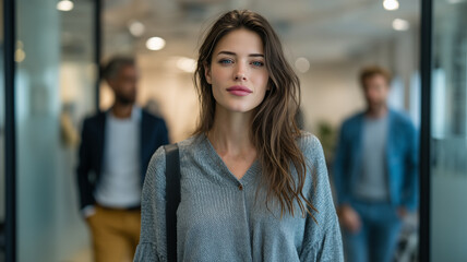 Young White woman with long hair wearing a gray knit sweater walking into a modern office hallway with glass walls, two colleagues in business attire blurred in the background