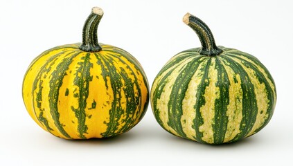 Two small pumpkins, vibrant yellow and green stripes, close-up
