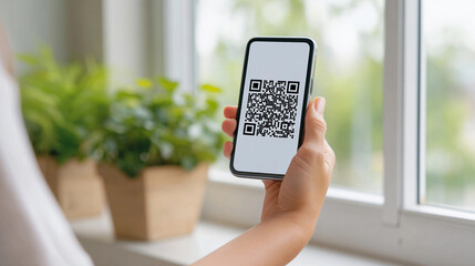 Holding a smartphone displaying a QR code near a window with houseplants, capturing a moment of connection and technology in a bright, inviting indoor space