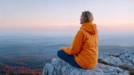 Person enjoys peaceful sunrise on a rocky overlook with expansive mountain views in early morning light, surrounded by autumn colors