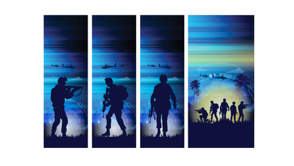 Military Army Background Banner Vector Template Battle Scene with Tanks and Artillery, Military Operation Night Combat in a Futuristic Landscape, Military Combat Scene Soldiers in Action