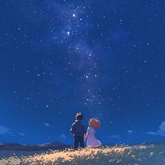 Anime Couple Stargazing in Moonlit Field, Blonde Girl and Hooded Boy Back View, Celestial Night with Galaxies, Whimsical Cartoon Landscape 