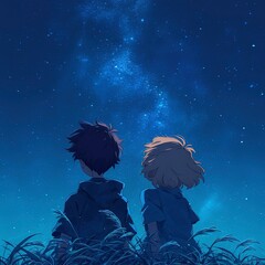 Anime Couple Stargazing in Moonlit Field, Blonde Girl and Hooded Boy Back View, Celestial Night with Galaxies, Whimsical Cartoon Landscape 